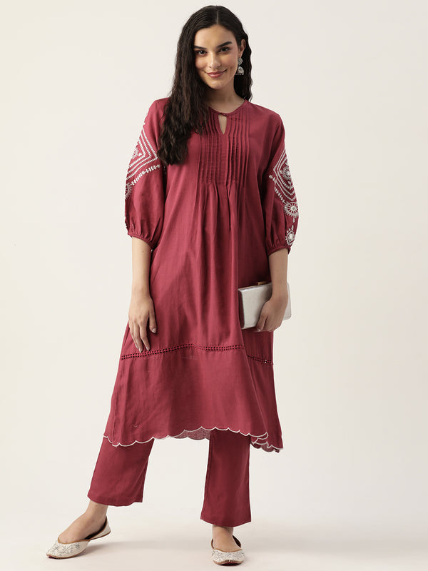 MADHU RED EMBROIDERED KURTA PANT SET