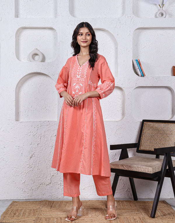 Mastani V-neck Peach embroidered Kurta  Pants set