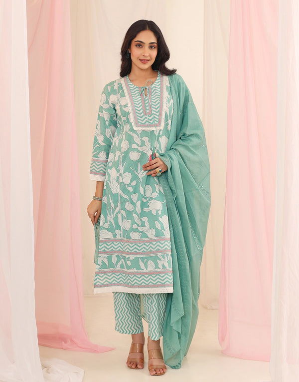 NAZM GREEN PRINTED 3 PCS KURTA SET