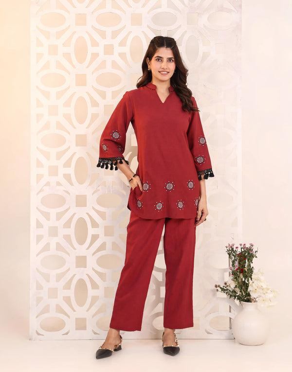 NIDA MAROON EMBROIDERED CO-ORD SET