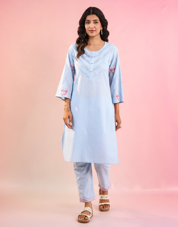 NIRMA SKY-BLUE EMBROIDERED KURTA SET