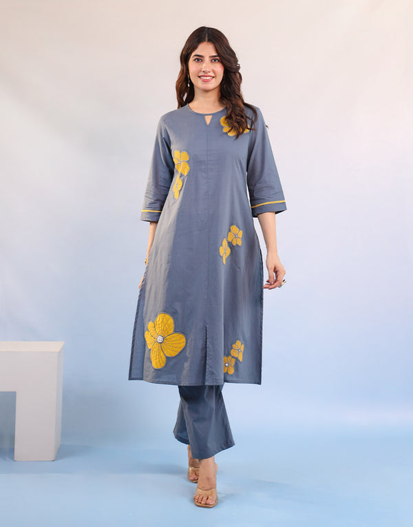 NIYARA BLUE & YELLOW FLORAL EMBROIDERED KURTA SET