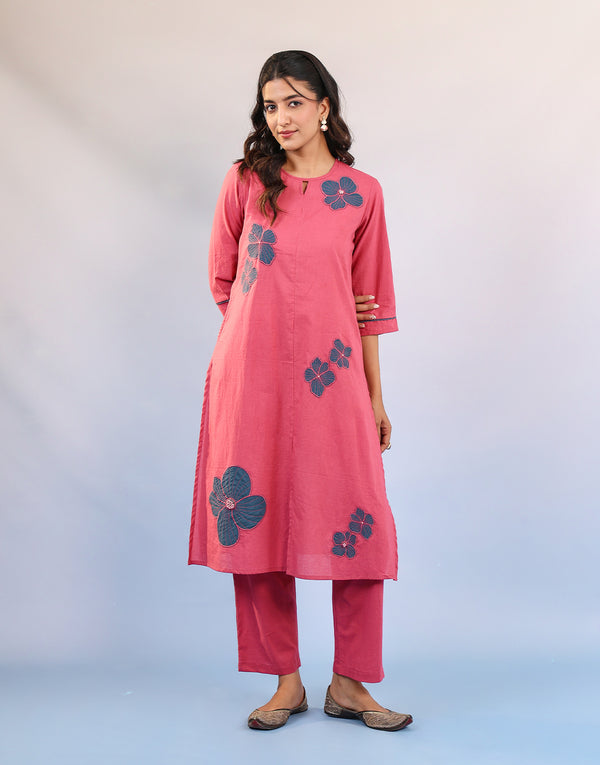 NIYARA PINK & TEAL BLUE FLORAL EMBROIDERED KURTA SET
