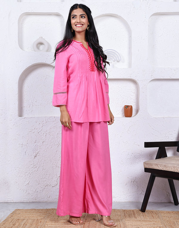 Meher Solid Embroidred Co-ord Set Pink