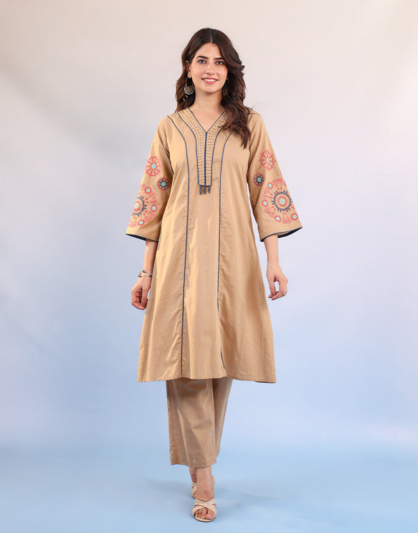 RAVINA BEIGE EMBROIDERED KURTA SET