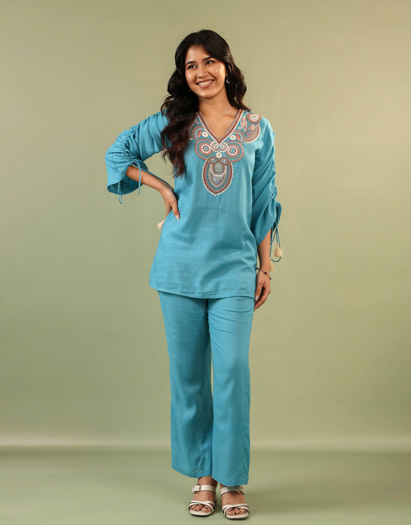 REEM BLUE EMBROIDERED CO-ORD SET