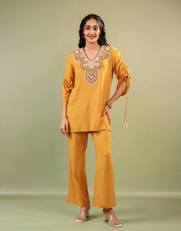 REEM MUSTARD EMBROIDERED CO-ORD SET