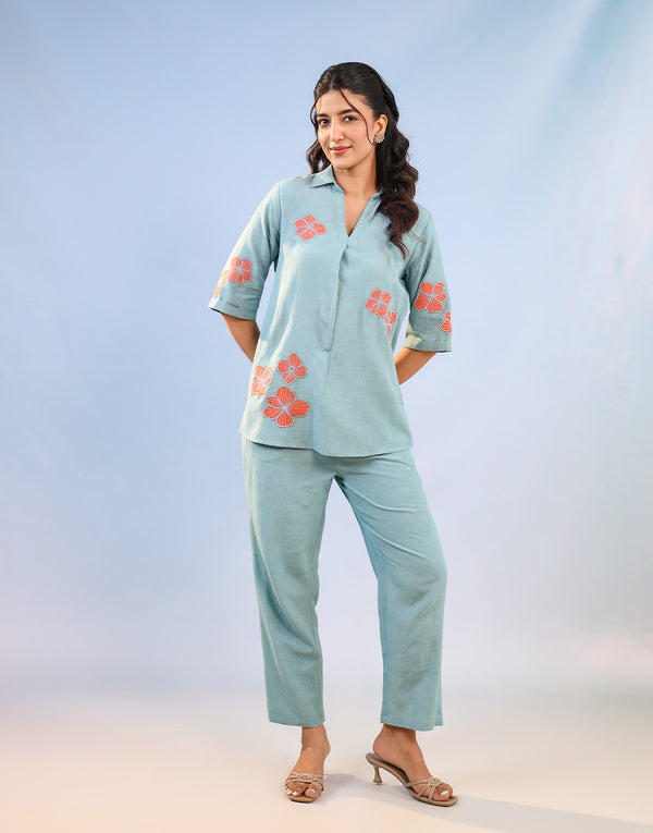 REEM SAGE GREEN PATCH EMBROIDERED CO-ORD SET