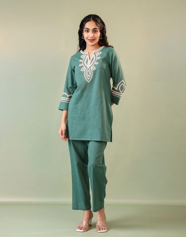 RIYA GREEN EMBROIDERED CO-ORD SET
