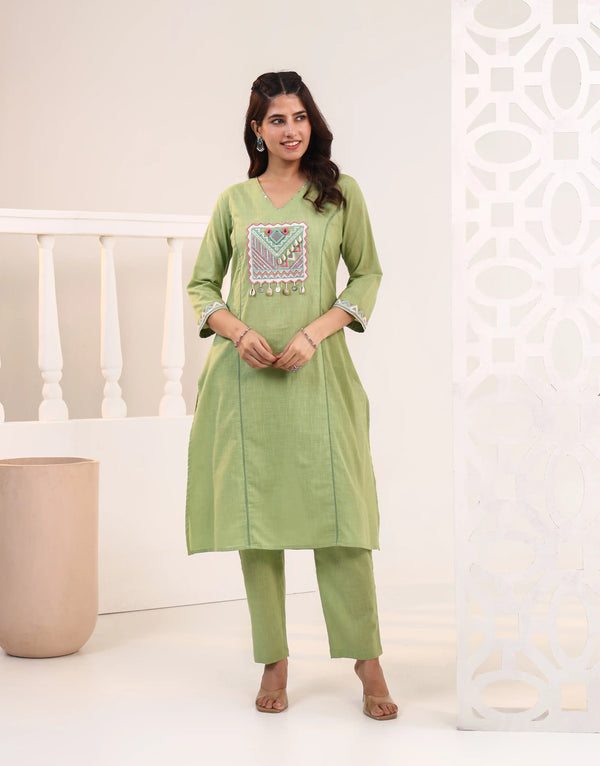 SANCHITA GREEN PATCH EMBROIDERED KUTRA SET