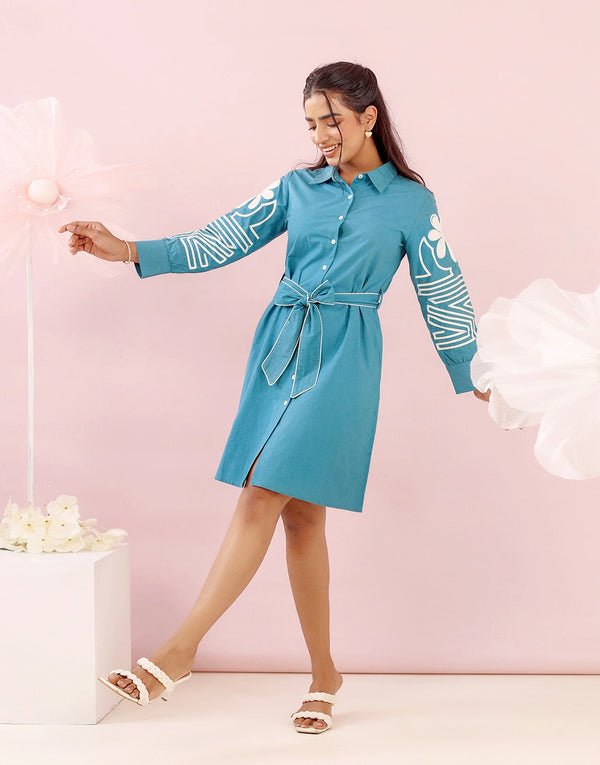 SIENNA BLUE DORI EMBROIDERED SHORT DRESS