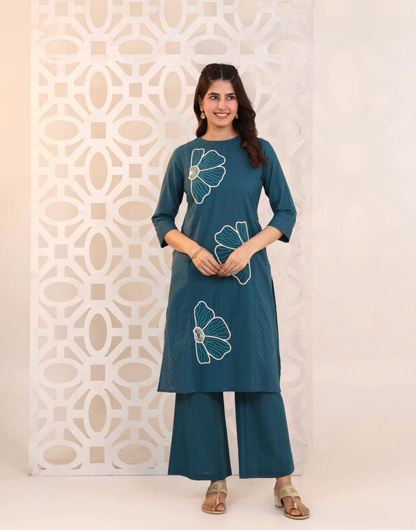 SUFIYANA TEAL BLUE EMBROIDERED KURTA SET
