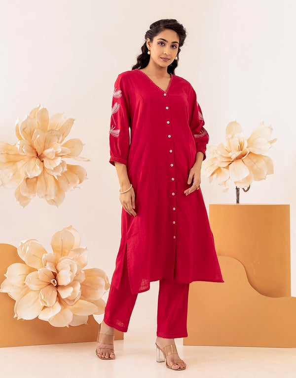 Sienna red embroidered kurta set