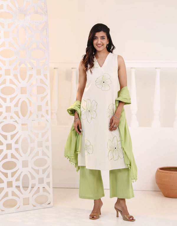 VARNIKA OFF WHITE & GREEN EMBROIDERED 3PCS SET