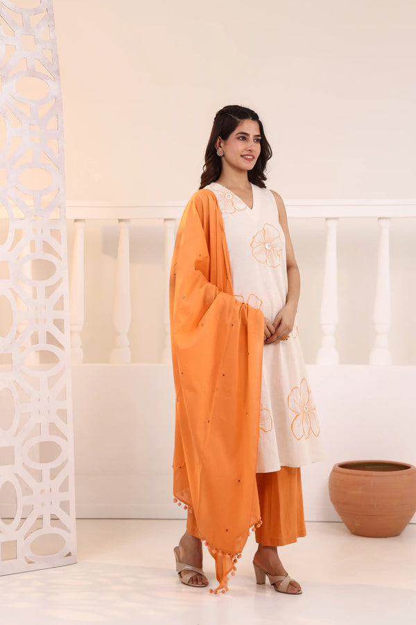 VARNIKA OFF WHITE & ORANGE EMBROIDERED KURTA SET