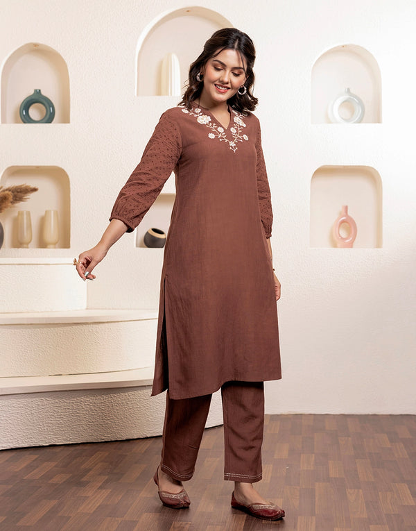 YEMEN BROWN EMBROIDERED CO-ORD-SET