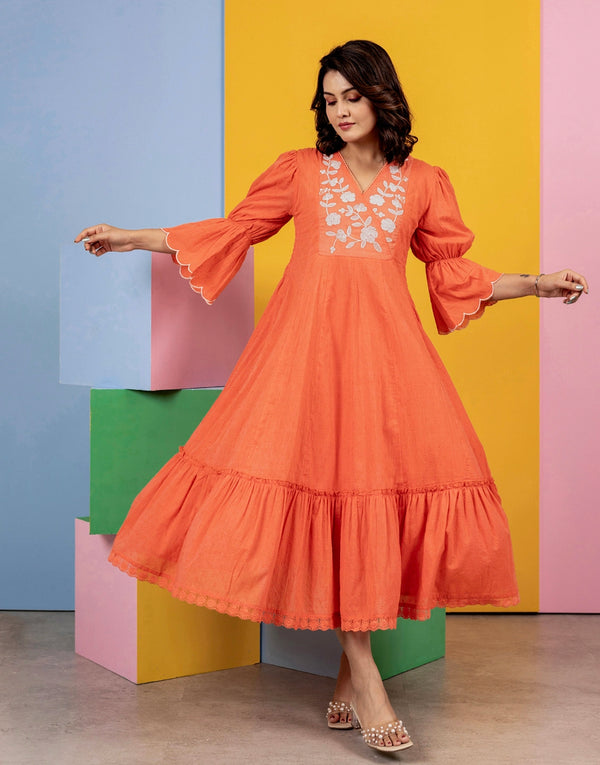 Zaina Orange embroidered Midi Dress