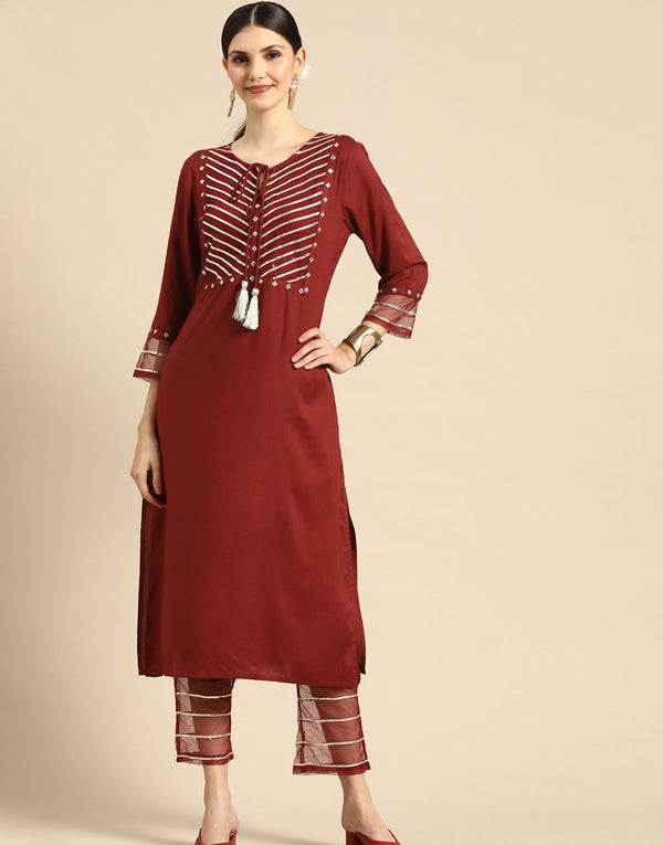 Samaroh Kurta Set Maroon with net set of two